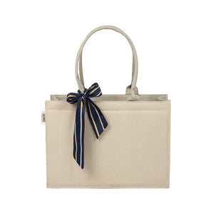 Self-Printed Off-White Tote Bag with Blue Knot Accent – Versatile and Chic