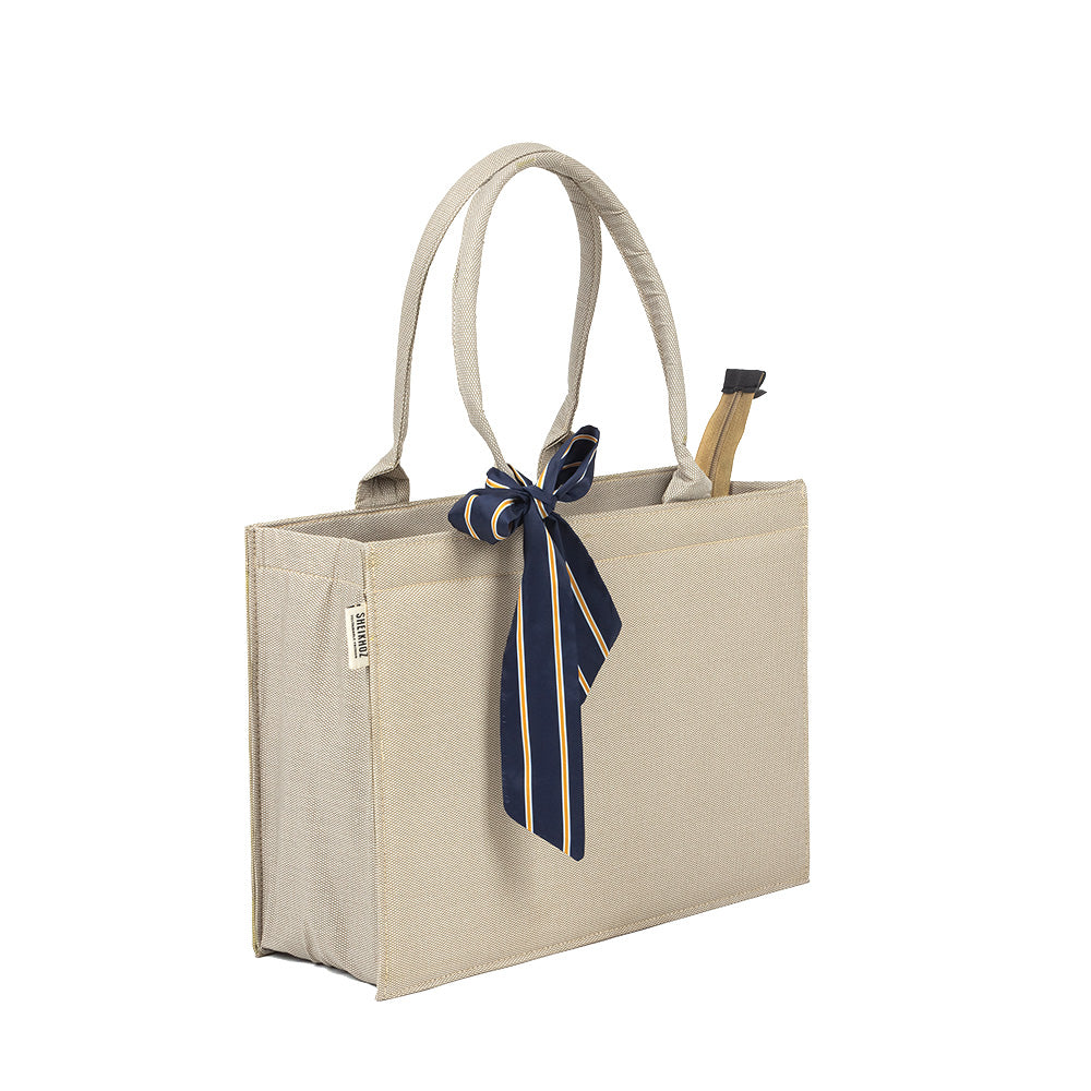 Self-Printed Off-White Tote Bag with Blue Knot Accent – Versatile and Chic