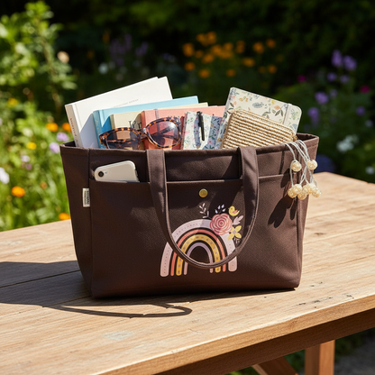 Rainbow Burst Dark Brown Canvas Tote