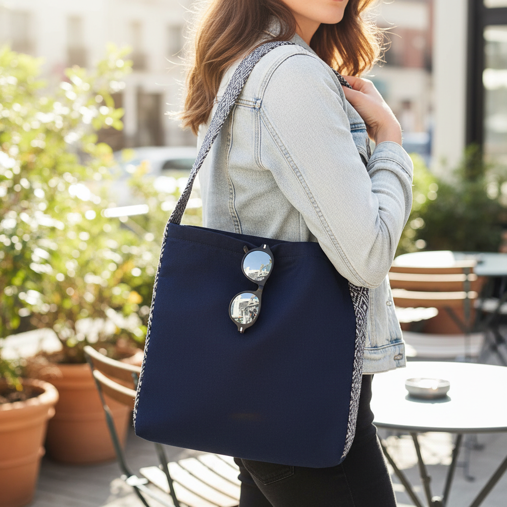 Urban Blue Zipper Tote – Chic Argyle Contrast Bag