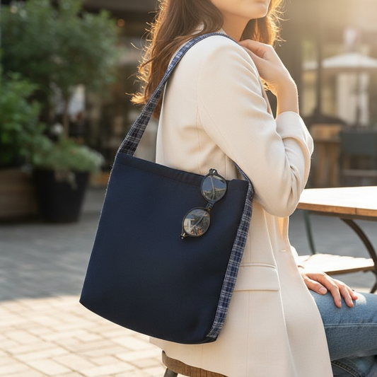Urban Blue Zipper Tote – Chic Checkered Contrast Bag