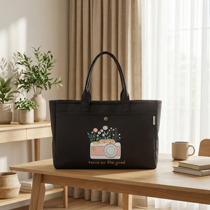 Deep Charcoal Grey Focus and bloom Women Tote Bag
