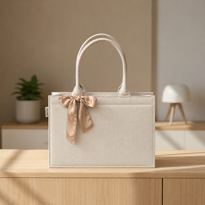 Self-Printed Off-White Tote Bag with Brown  Knot Accent – Versatile and Chic