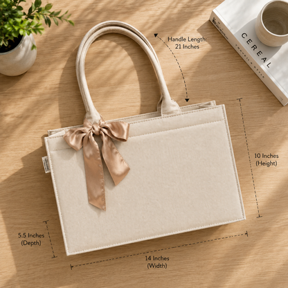 Self-Printed Off-White Tote Bag with Brown  Knot Accent – Versatile and Chic