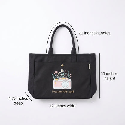 Deep Charcoal Grey Focus and bloom Women Tote Bag