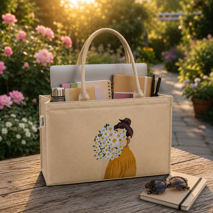 Cotton Canvas Tote Bag - Mimi Girl Corsage Beige