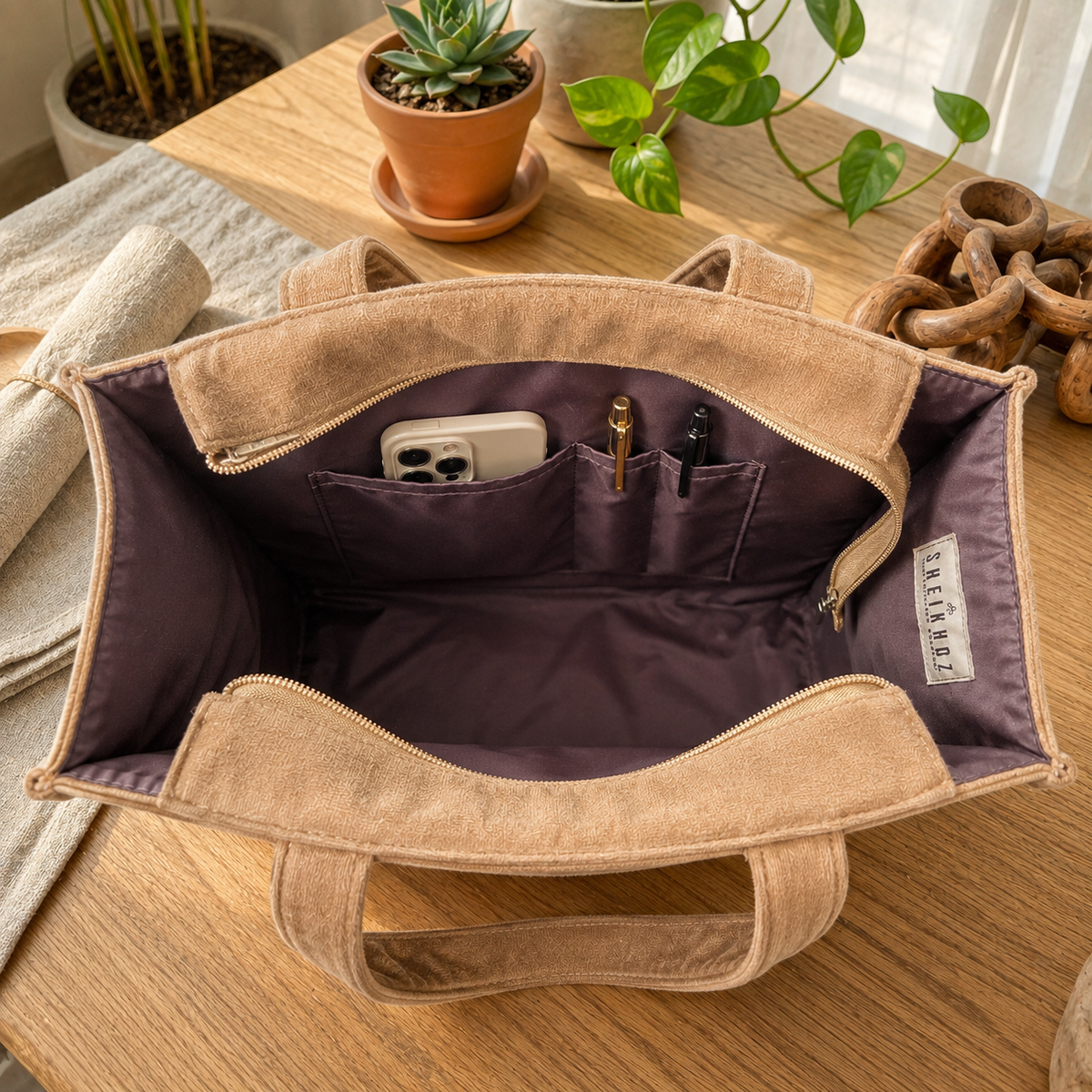 Brown Velvet Quilted Tote Bag – Stylish & Versatile