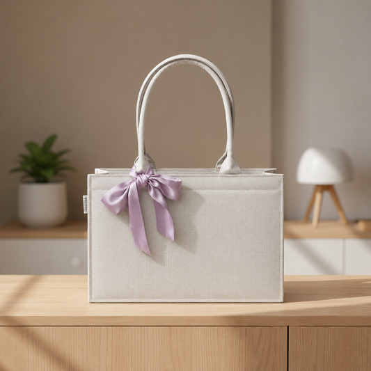 Self-Printed Grey Tote Bag with Move Knot Accent – Versatile and Chic