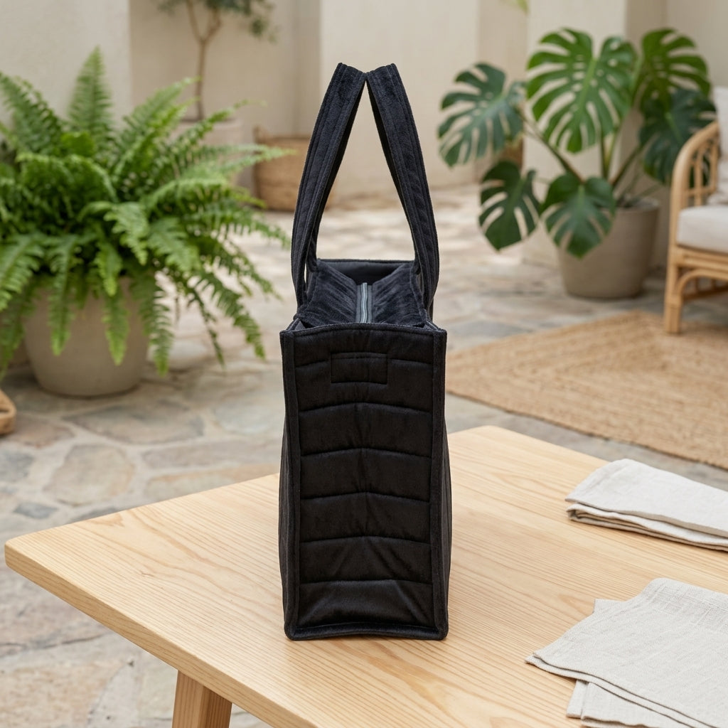 Black Velvet Quilted Tote Bag – Stylish & Versatile