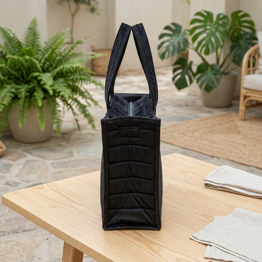Black Velvet Quilted Tote Bag – Stylish & Versatile