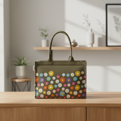 Green Canvas Tote – Multicolor Flower Fusion