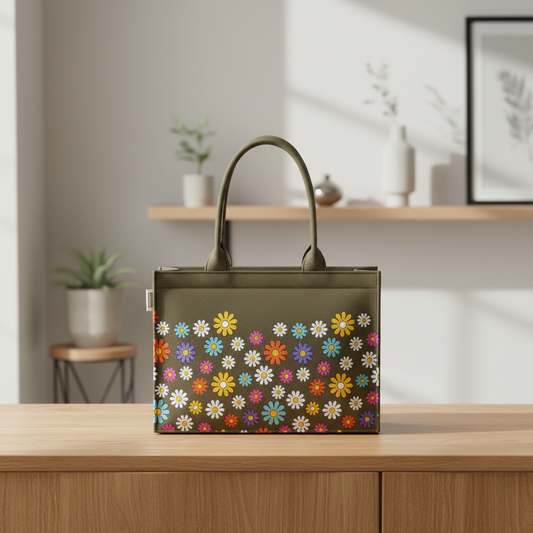 Green Canvas Tote – Multicolor Flower Fusion