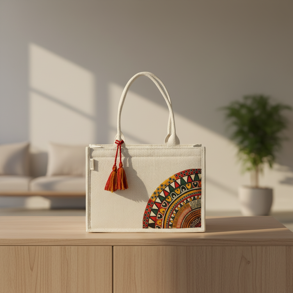 Cotton Canvas Bag - Off-White Printed with Tassel