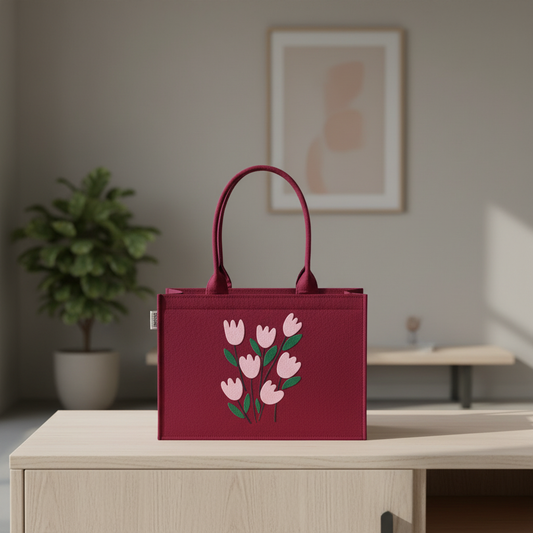 Maroon Tulip Reverie Tote – Elegance in Bloom