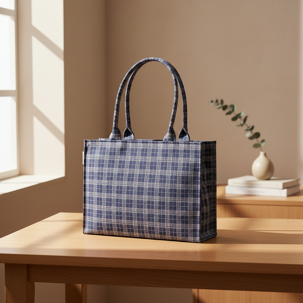 Classic Checkered Tote Bag in Blue – A Stylish Everyday Essential