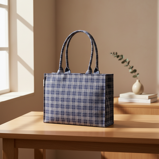 Classic Checkered Tote Bag in Blue – A Stylish Everyday Essential