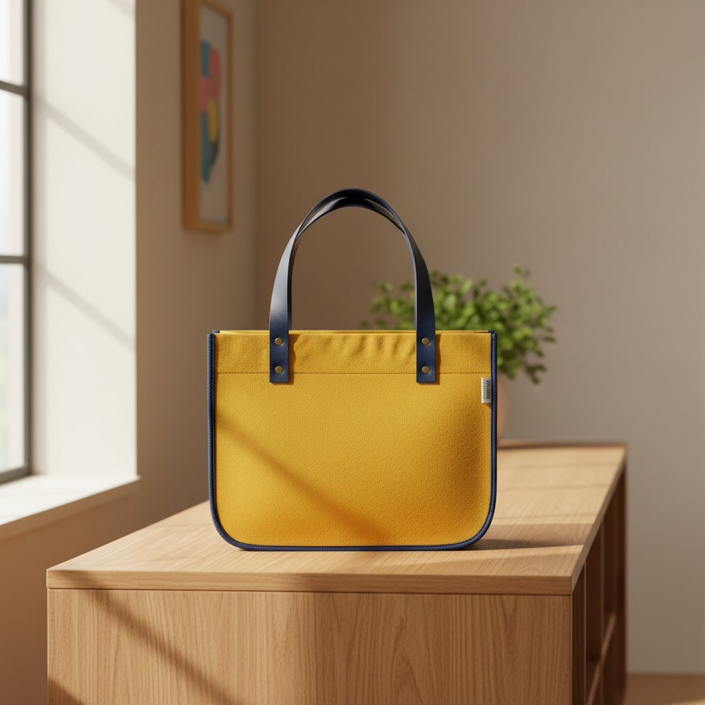 SHEIKHOZ - Mustard Canvas with Navy Leather Handles and Piping