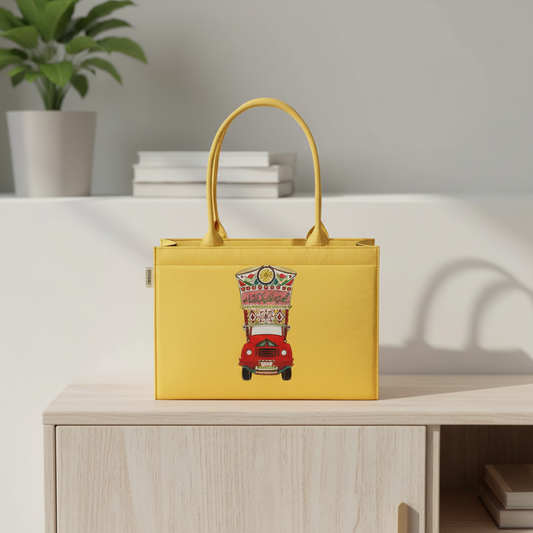 Yellow Truck Art Tote – Vibrant Heritage Statement Handbag