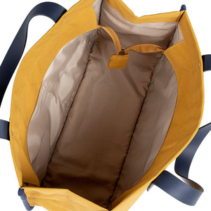 SHEIKHOZ - Mustard Canvas with Navy Leather Handles and Piping