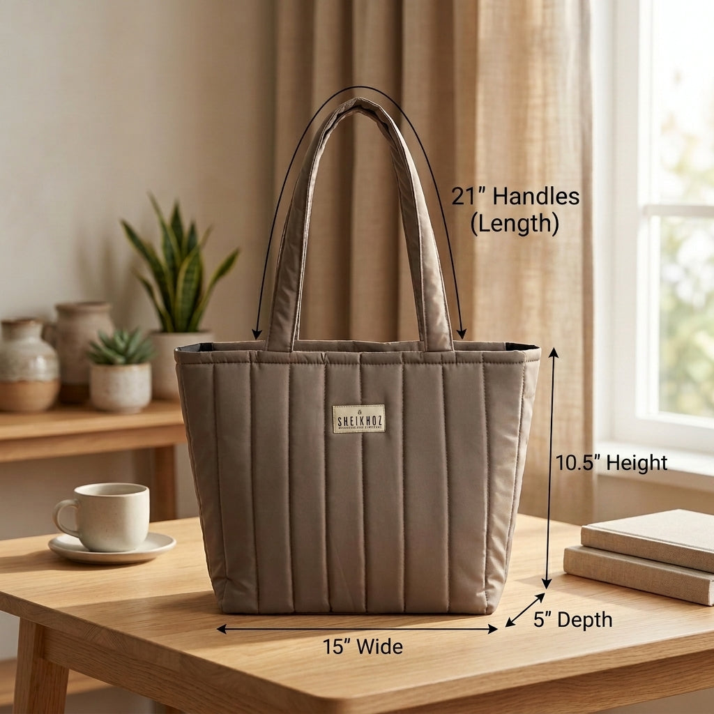 Warm Taupe Gray Waterproof Quilted Tote Bag