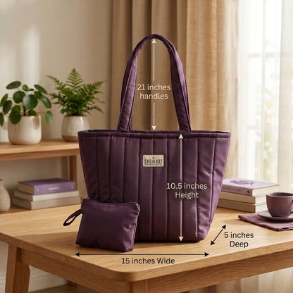 Warm Purple Waterproof Quilted Tote Bag with a small Pouch