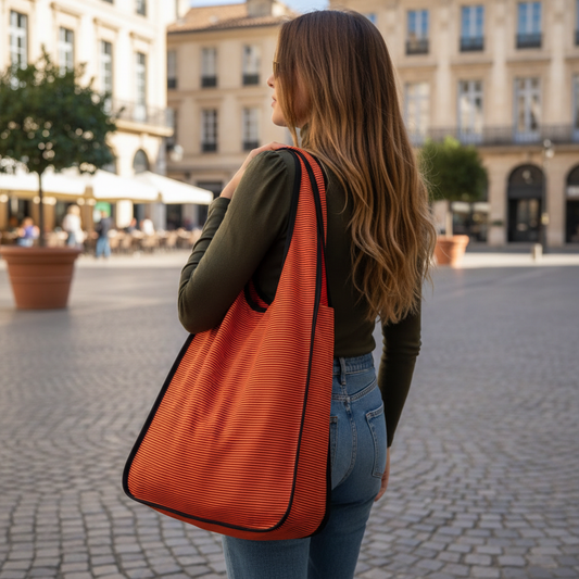 Pop Tote - Orange Striper Tote with Piping