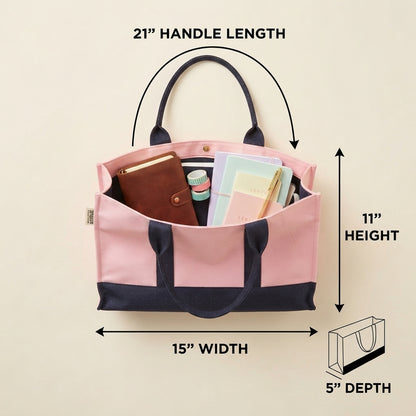 Pink with navy blue handles women tote bag