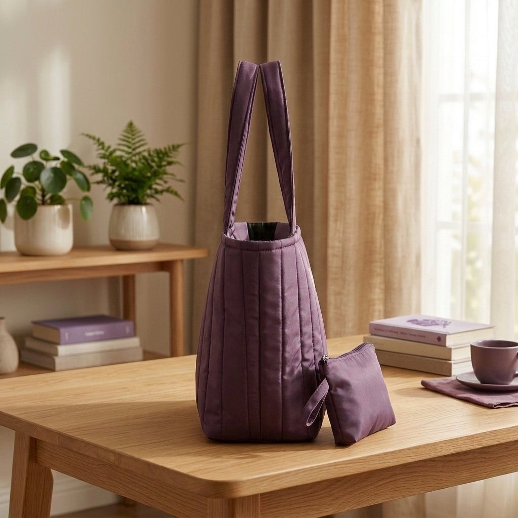 Warm Purple Waterproof Quilted Tote Bag with a small Pouch