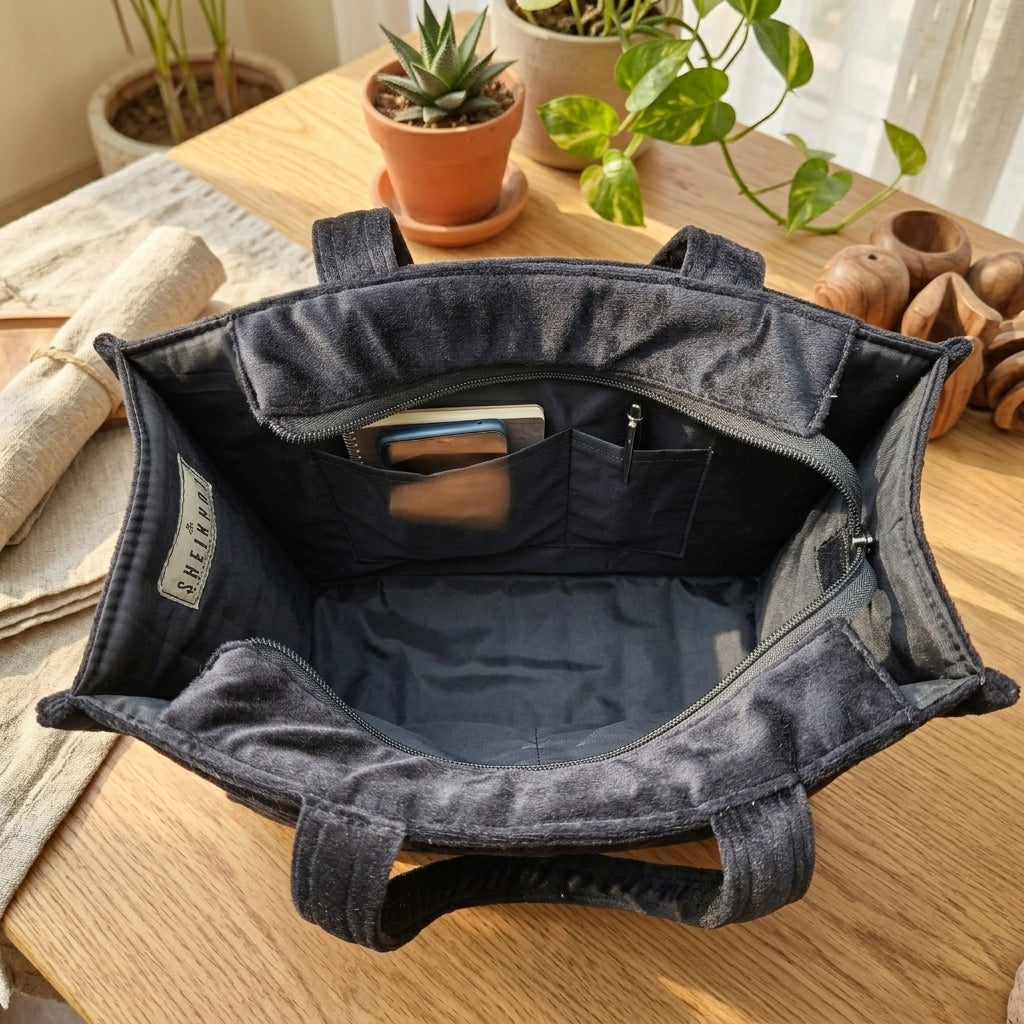 Black Velvet Quilted Tote Bag – Stylish & Versatile