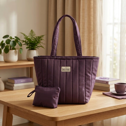 Warm Purple Waterproof Quilted Tote Bag with a small Pouch