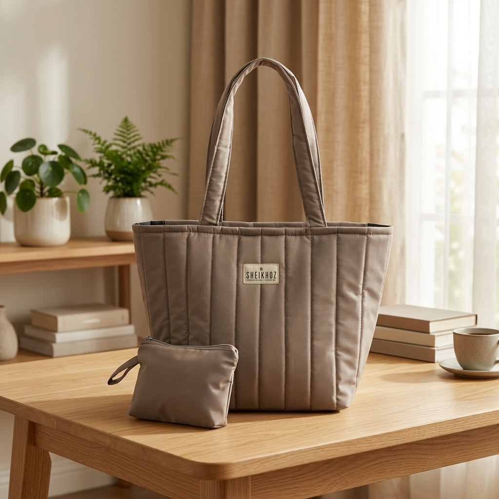 Warm Taupe Gray Waterproof Quilted Tote Bag