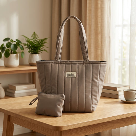 Warm Taupe Gray Waterproof Quilted Tote Bag